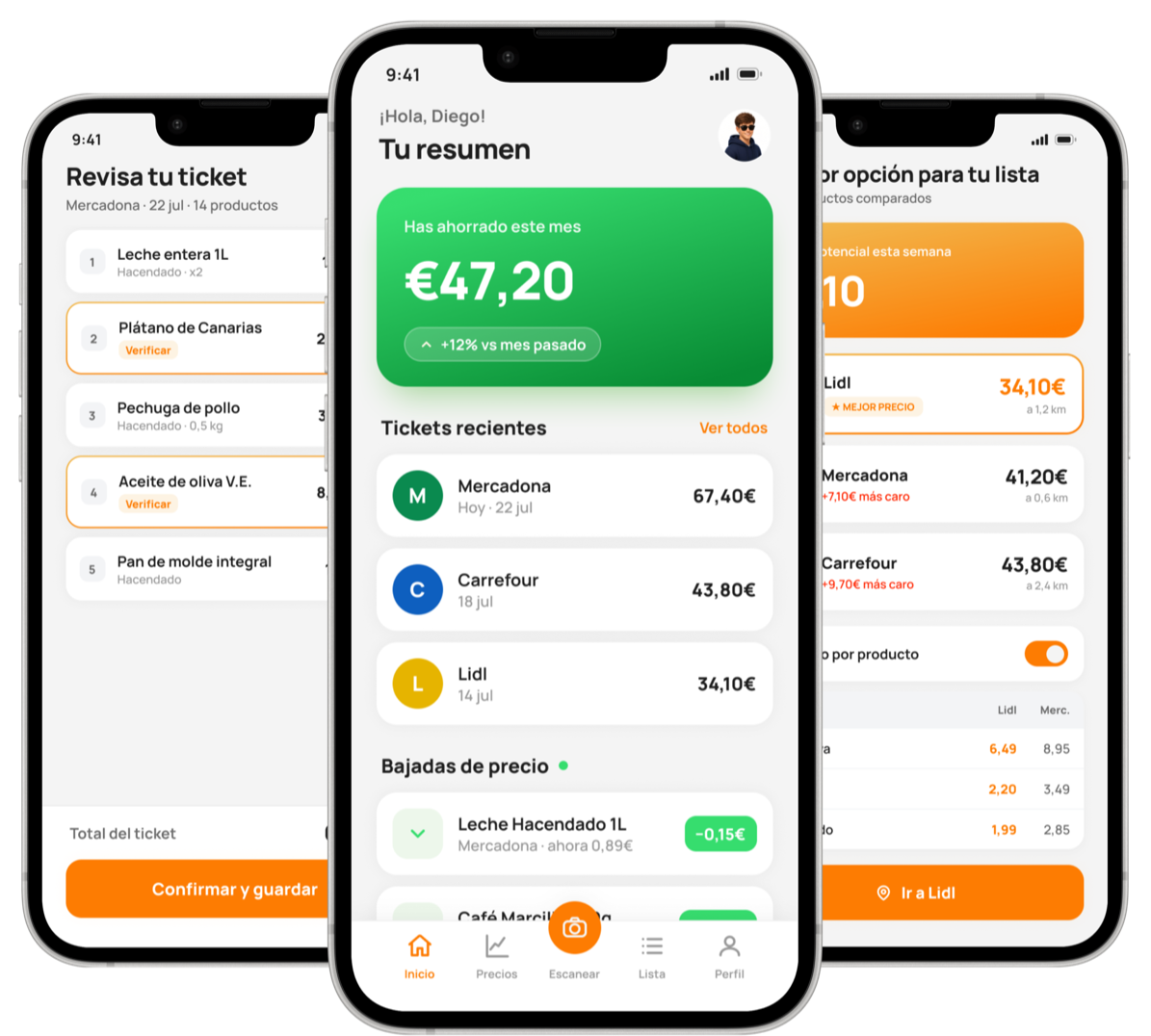Tres pantallas de Cesto: revisar ticket, resumen de ahorro y mejor súper para la lista